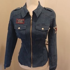 RARE Egoist stretchy blue jean military cow girl denim jacket cowgirl western 55
